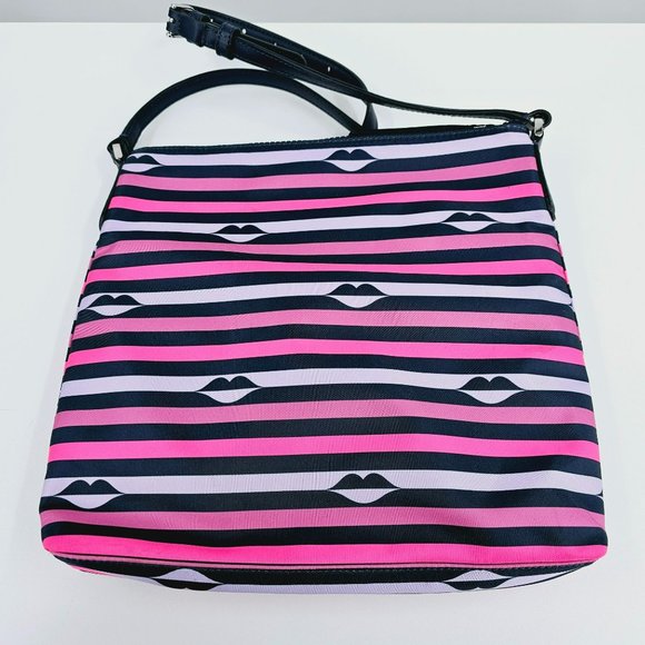 Kate Spade Jae Nylon Kiss Lip Print Crossbody Bag Navy Blue Lavender Pink Zip - Picture 12 of 14